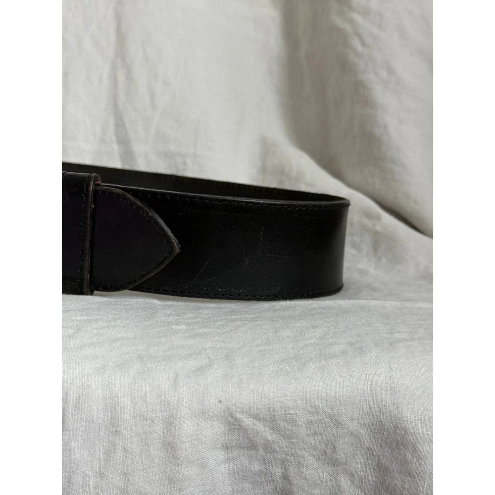 Vintage Black Leather Wide Waist Belt Gold Roller Buckle Dark Academia Goth M